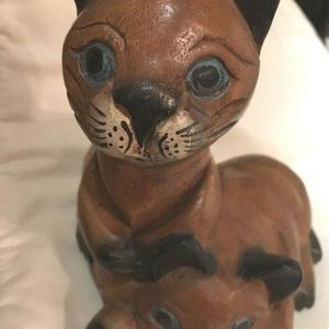 Carved Solid Wood Cats Pair of Siamese Style Cats